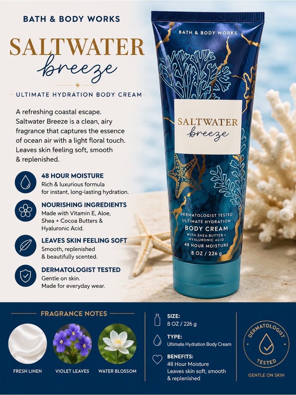 Bath & Body Works Saltwater Breeze Body Cream - Blue with Gold Accents